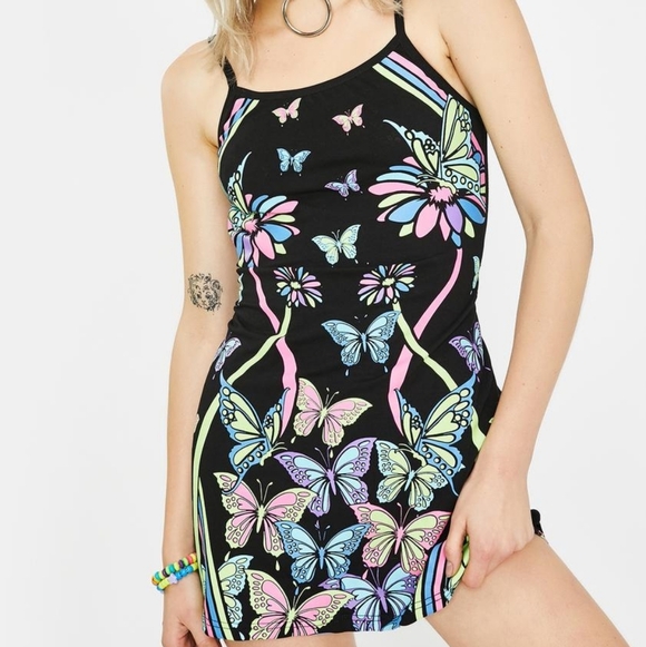 y2k vibe neon butterfly glow in the dark rave halter neck mini dress - Picture 8 of 9